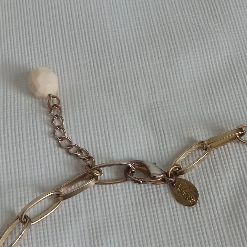 Express Gold Tone Off White Alternating Beaded Tassel Pendant Statement Necklace